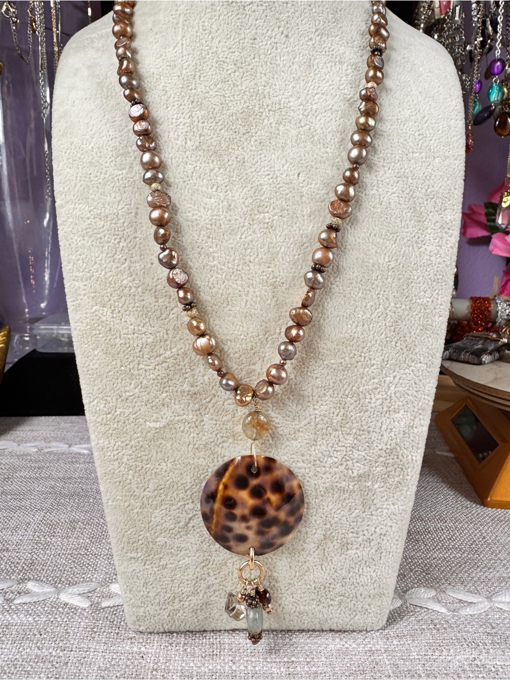 Tortoiseshell Mother Of Pearl Pendant Statement Necklace - Brown Tones